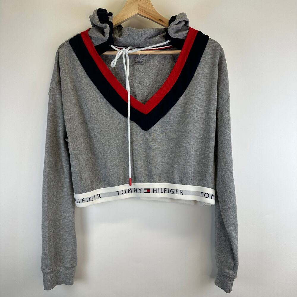 Tommy Hilfiger Gray Crop V Neck Long Sleeve Banded Hoodie Womens Size Small Y2K
